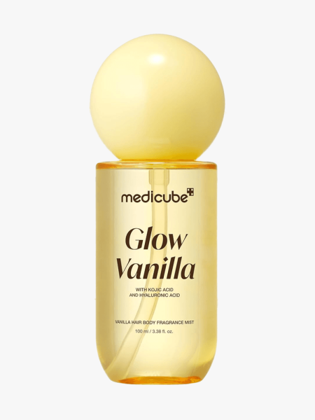 Medicube Glow Vanilla Hair & Body Fragrance Mist in branded component on a light gray background