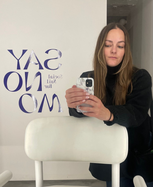 Allure content director Sophia Panych taking a selfie after her Ukrainian manicure appointment at Say No Mo salon in Kyiv.